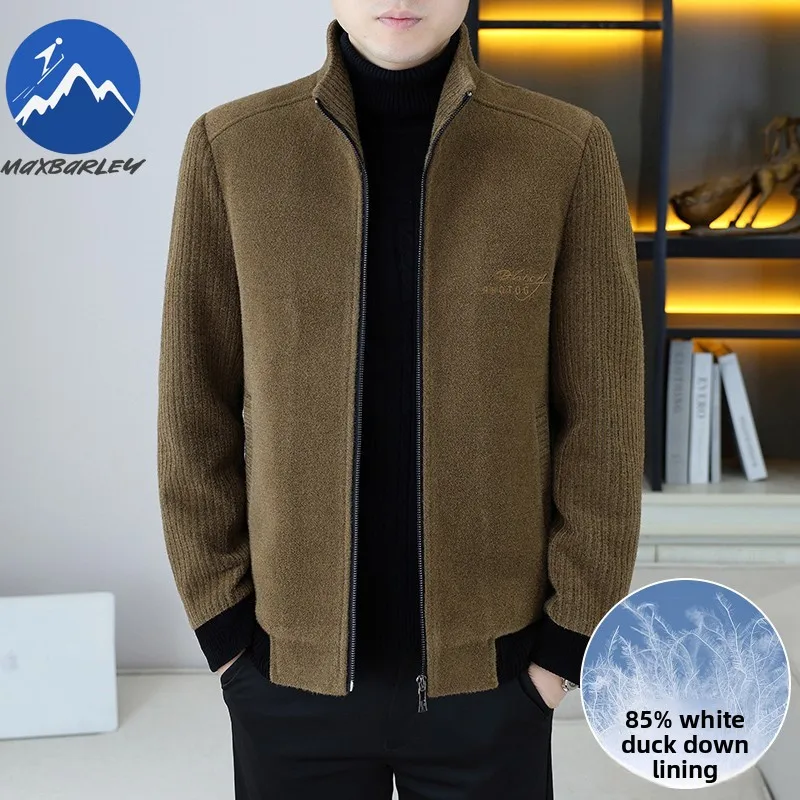 Maxbarley Men Short Down Jacket Stand Collar Outdoor Office Lightweight Puffer Coat High End Embroidery Warm Winter Wool Jackets