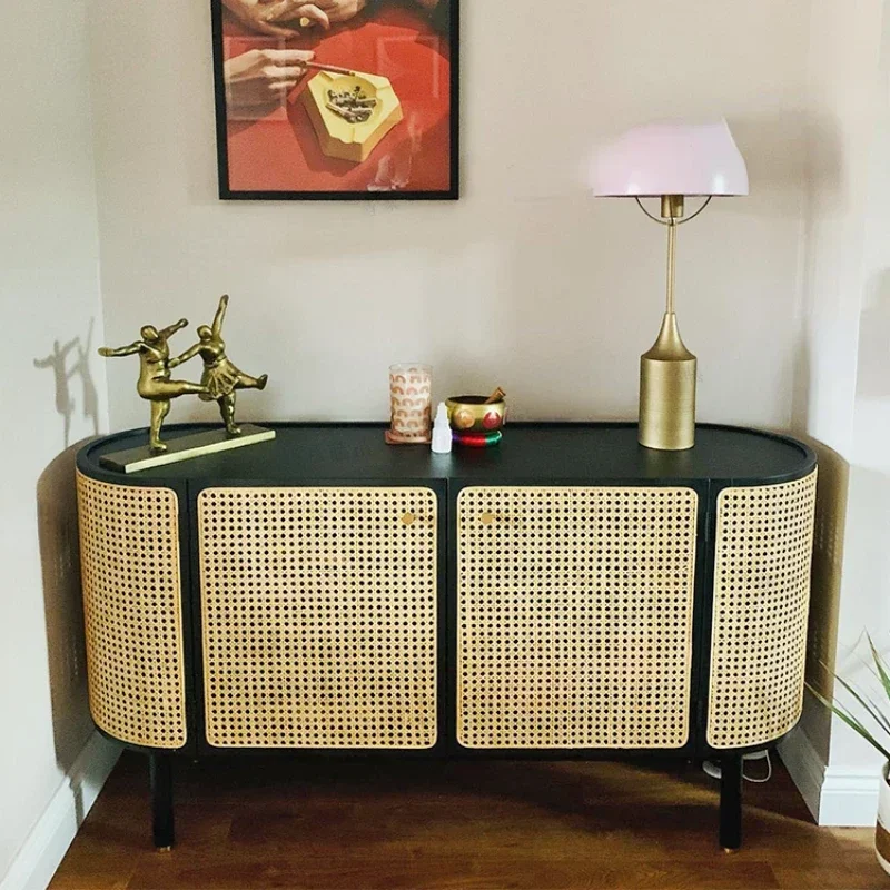

Vintage Sideboard Cabinet Solid Wood Entrance Cabinet Mid-Ancient Rattan Storage Tea and Wine Chest of Drawers