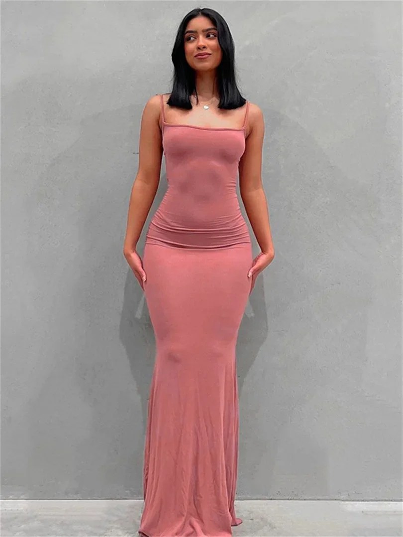 

New Spaghetti Strap Bodycon Long Dress Summer 2022 Women Sleeveless Wrapped Fish Tail Dress Solid Color Club Streetwear