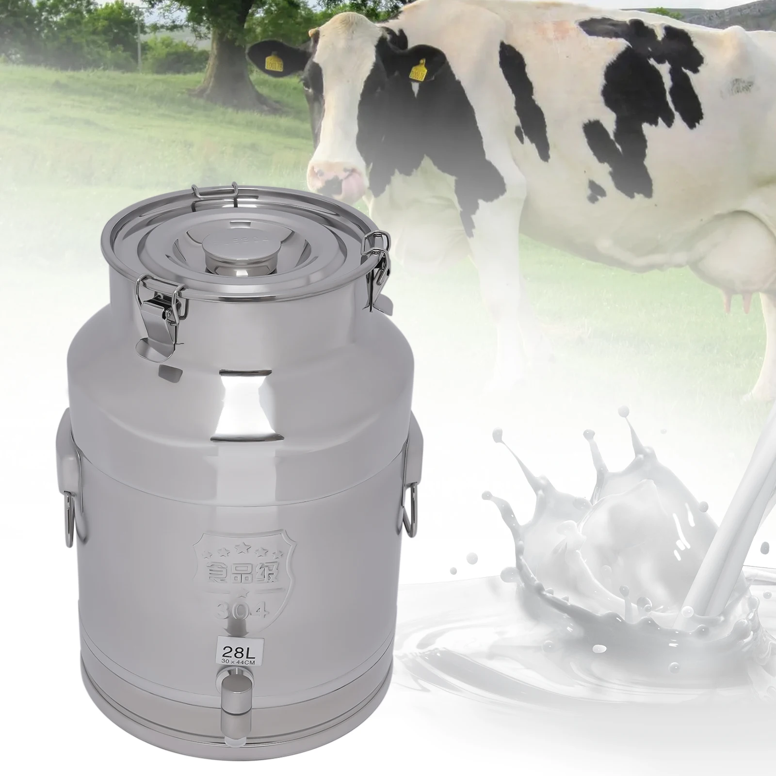 Newly Upgraded! 28L Stainless Steel Milk Can Canister Dairy Pot Bucket Liquid Storage Barrel For Home Application w/ Faucet