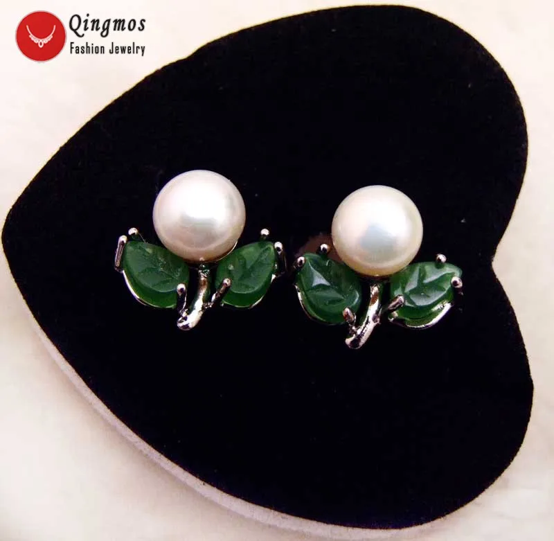 

Qingmos 7-8mm Flat Round Natural Freshwater White Pearl Earring for Women with Carved Green Leaf Jade Earring Stud Earring