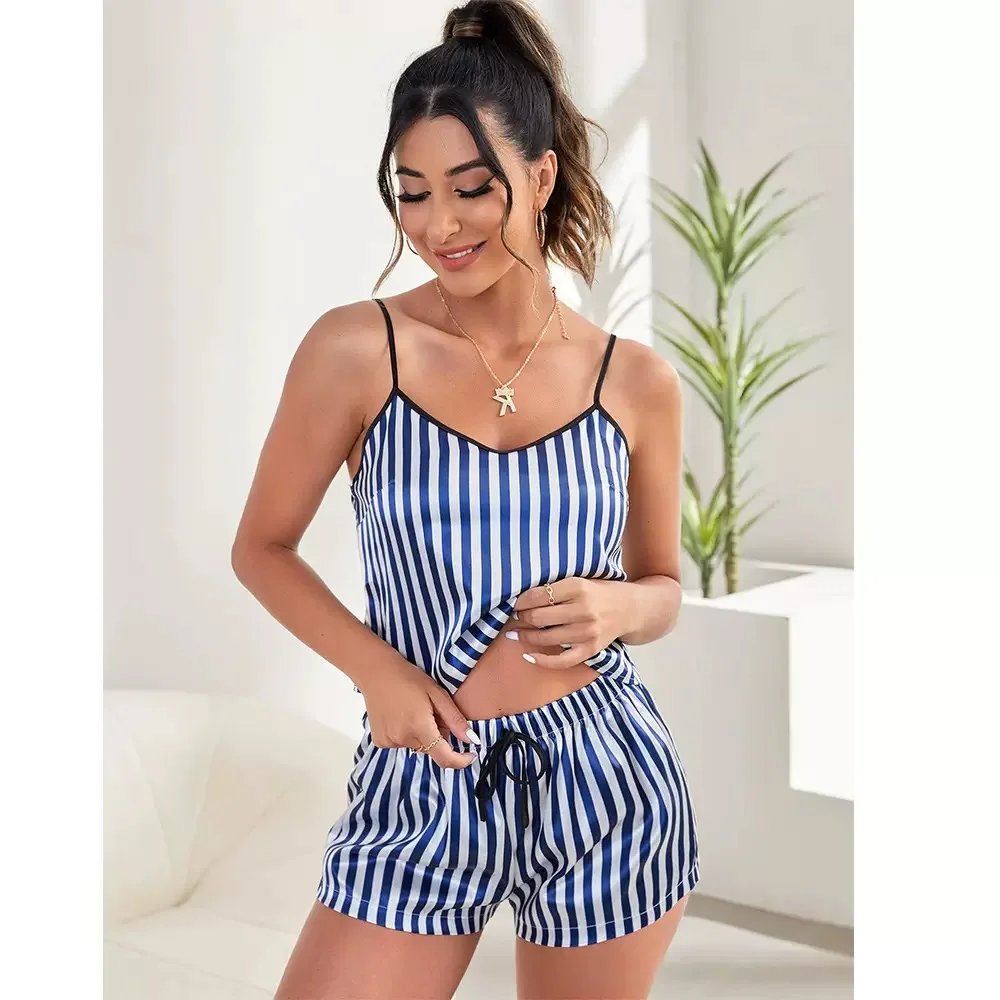 Women Striped Satin Pajama Set Spaghetti Strap Cami Top Drawstring Shorts Silky Sleepwear Two Piece Loungewear