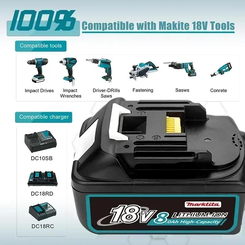 100% Original For Makita 18V Rechargeable Battery DDF487 DTD173 DTW700 DGA404 DGA404 Replaceable LED Lithium-ion 6.0/8.0/12.0Ah