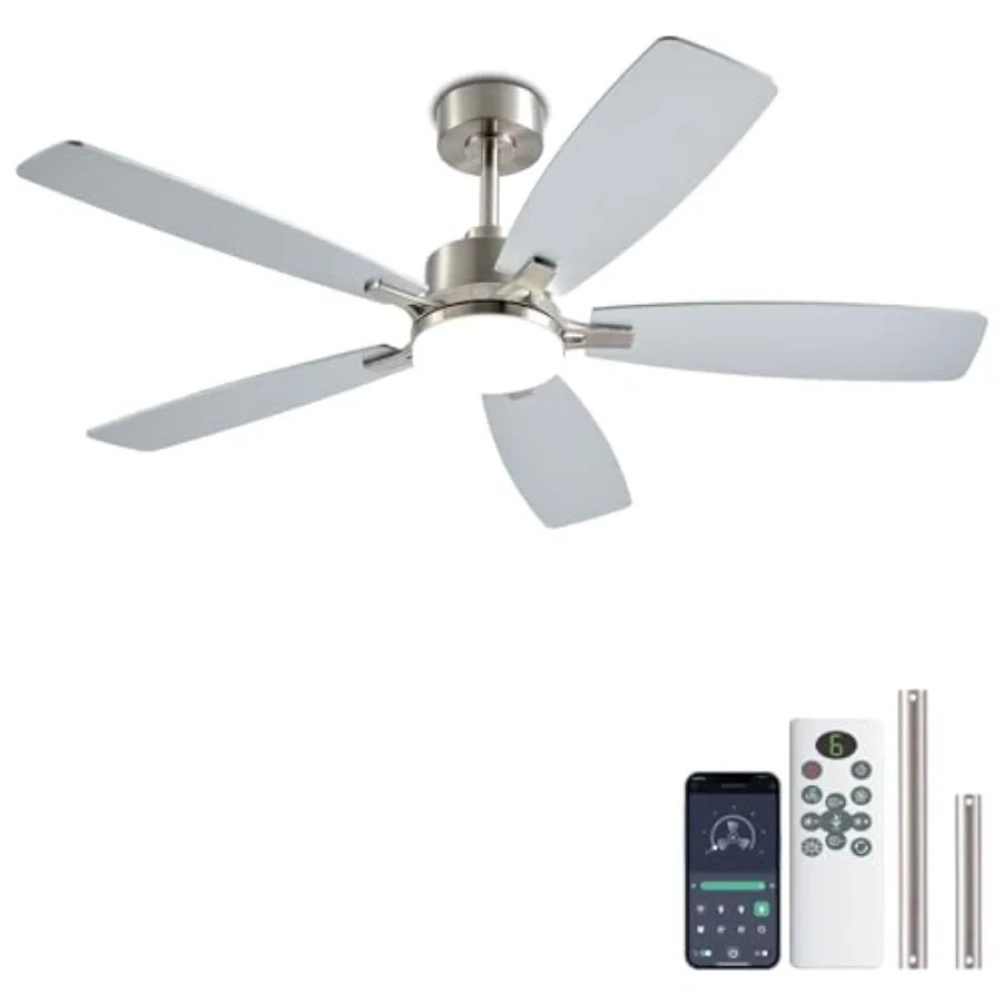 Ceiling Fans with Lights for Bedroom and Indoor/Outdoor Patio Use, 52 Inch Low Profile Nickel Fan with Dimmable LED, DC Reversi