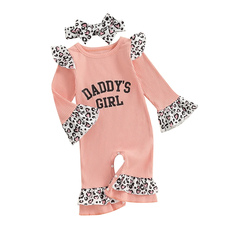 

Newborn Baby Girl Spring Outfit Letters Leopard Print Ruffle Long Sleeve Jumpsuit with Headband Infant Clothes