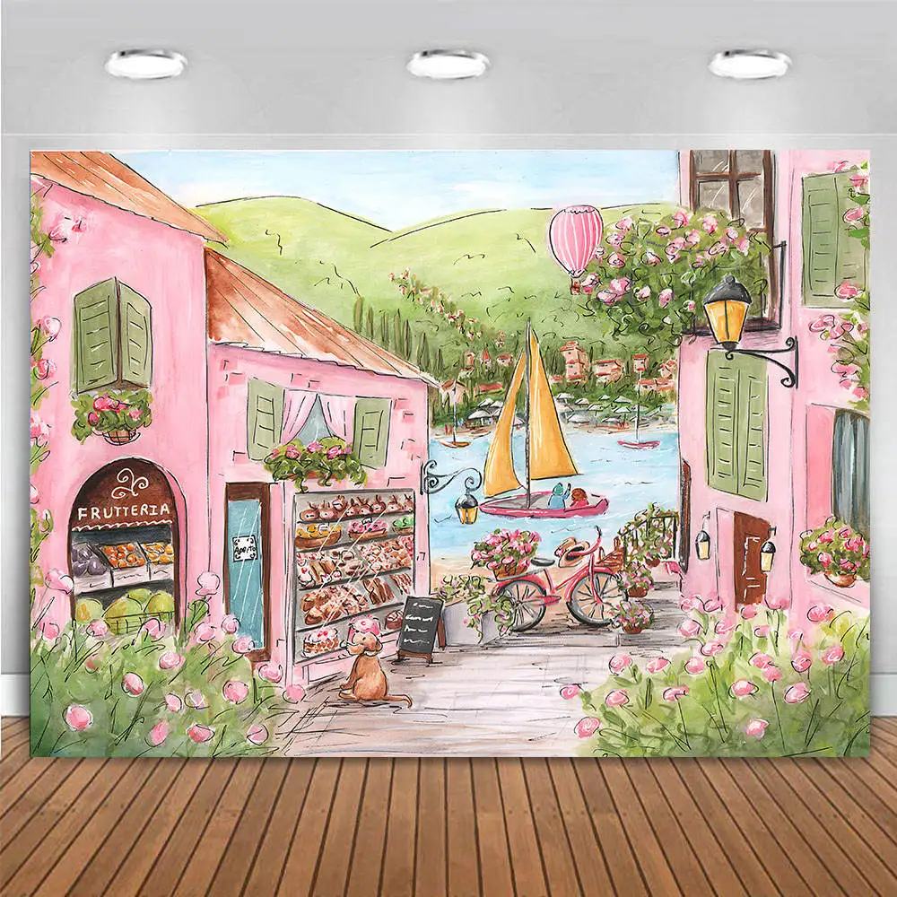 

Pink Watercolor French Italian Street Town Backdrop Patisserie Baking Cake Flowers Shop for Girl Birthday Party Decor Background