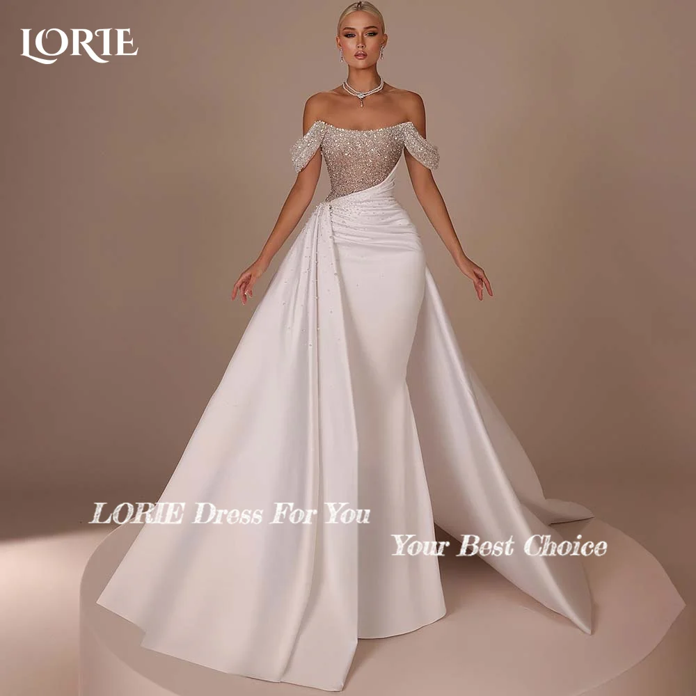 

LORIE Glitter Satin Off Shoulder Wedding Dresses Giltter Pearls Train Bridal Gown Backless Princess Shiny Bride Gown Customized