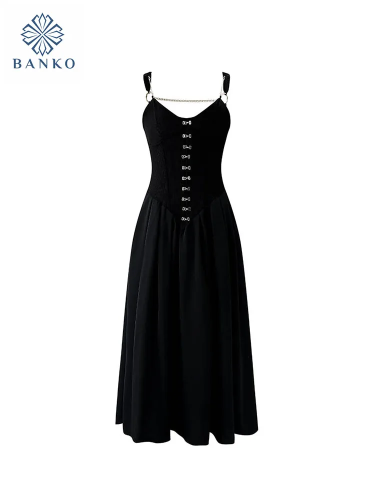 

American Style Fashion Sleeveless Spaghetti Strap Dress Women Summer 2024 Black Button Sexy Backless A-line One-Piece Frocks