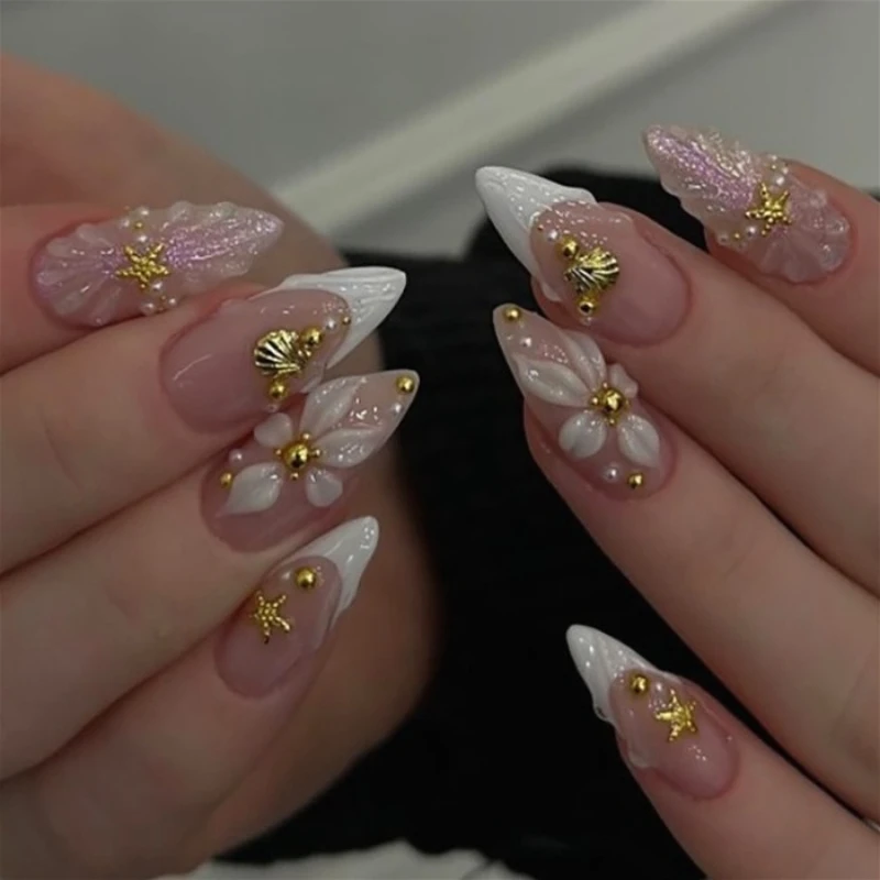 Uñas postizas de verano con degradado francés, flores, estrellas de mar y perlas, removibles y terminadas 3