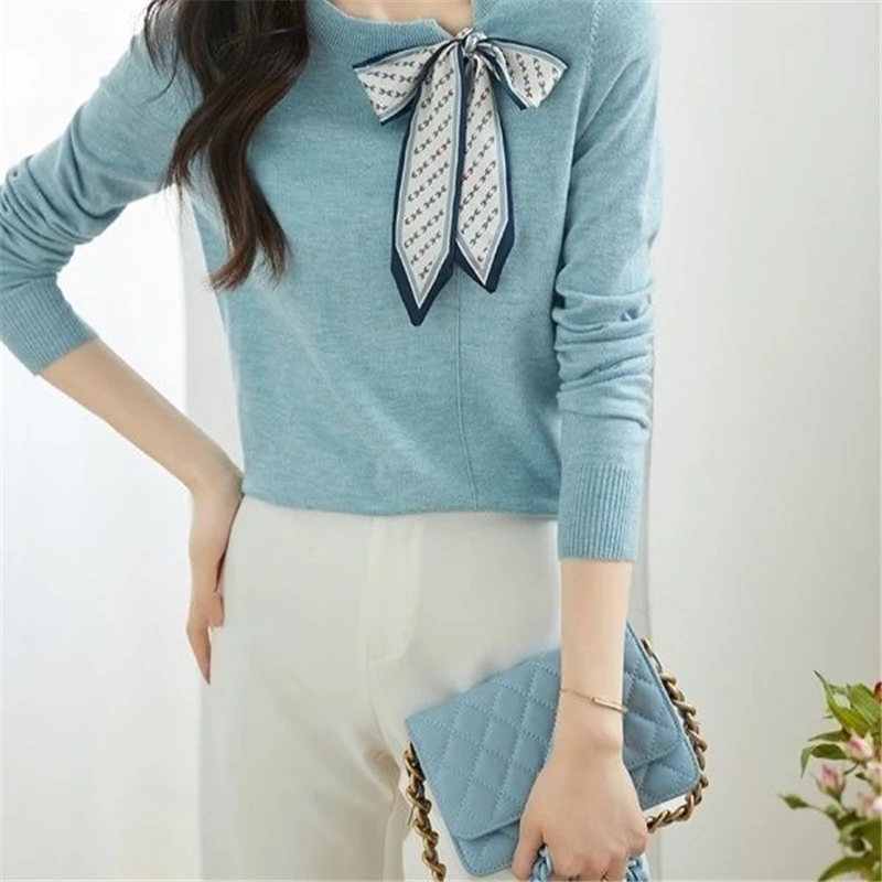 Spring New Elegant Fashion Chic Bow Silk Scarf Slim Pullover Knitwear Women Casual Long Sleeve Sweet Sweater Top Female Clothing