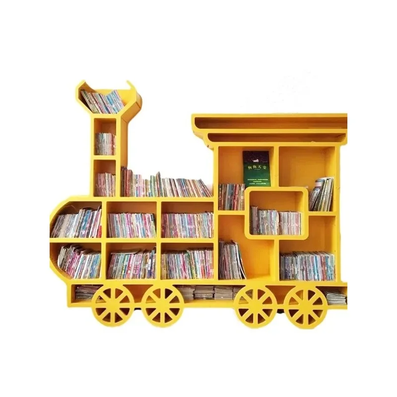 Solid wood train shape bookshelf, library bookcase book storage rack