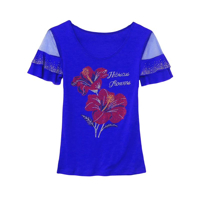 2025, nuevo, verano, europeo, ropa, camiseta, moda, Sexy, cuello redondo, patchwork, brillante, diamantes, flor, mujeres, Tops, manga con volantes, camisetas, 5505