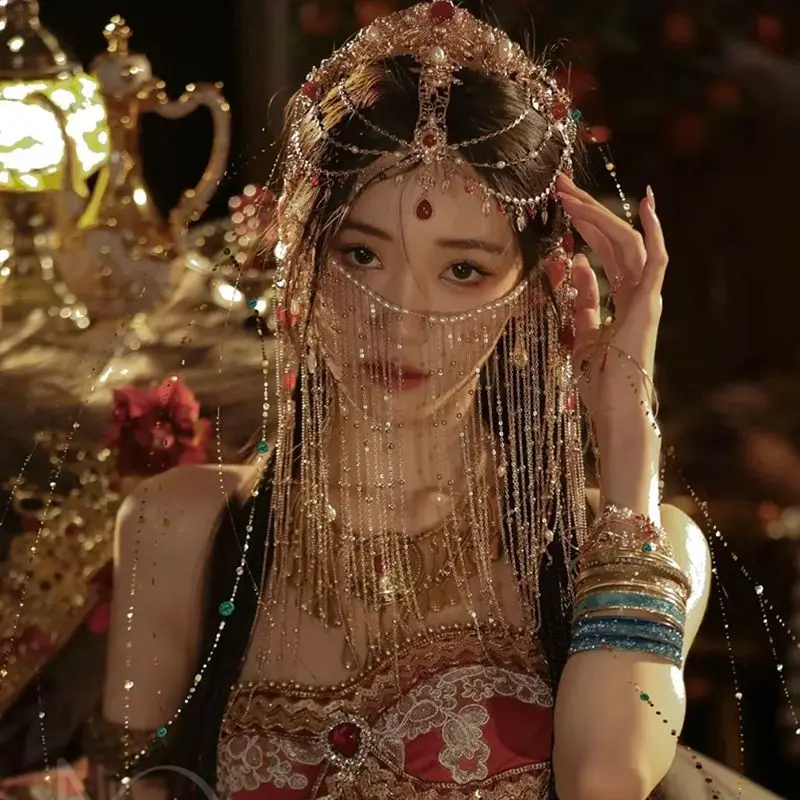 

Экзотический головной убор танцовщицы принцессы на лбу с кисточками, китайские аксессуары для волос ханьфу для женщин, свадебный фестивальный костюм в стиле бохо, декабрь