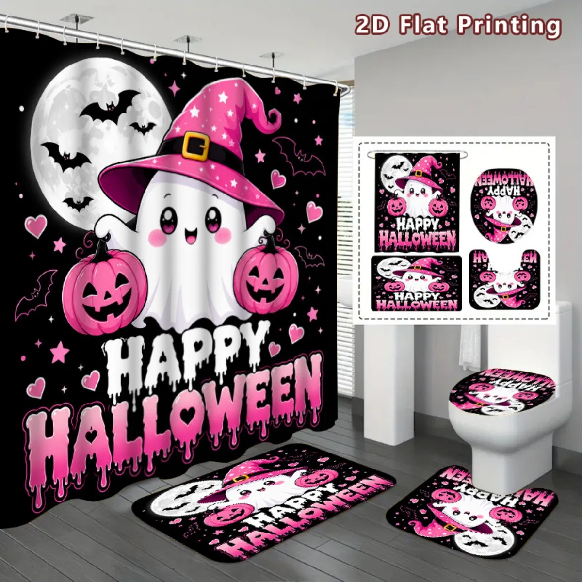 Pink Halloween Shower Curtain Pink Coquette Ghost Pastel Goth, Durable Waterproof Curtain for Bathroom Halloween Decor 12 Hooks