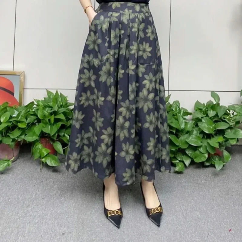 Modna spódnica dla mamy na wiosnę i jesień, nowa retro spódnica o średniej długości z nadrukiem, spódnica z wysokim stanem, spódnica w kształcie litery A.