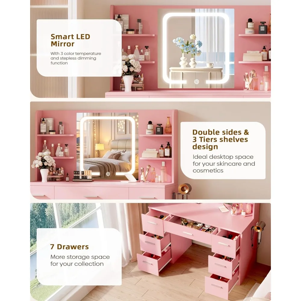 Duże toaletki do makijażu, 110 cm szerokości x 40 cm głębokości x 135 cm wysokości, różowe (duża powierzchnia robocza, inteligentne lustro LED, 4 otwarte półki, 7 szuflad, uchwyt na suszarkę do włosów)