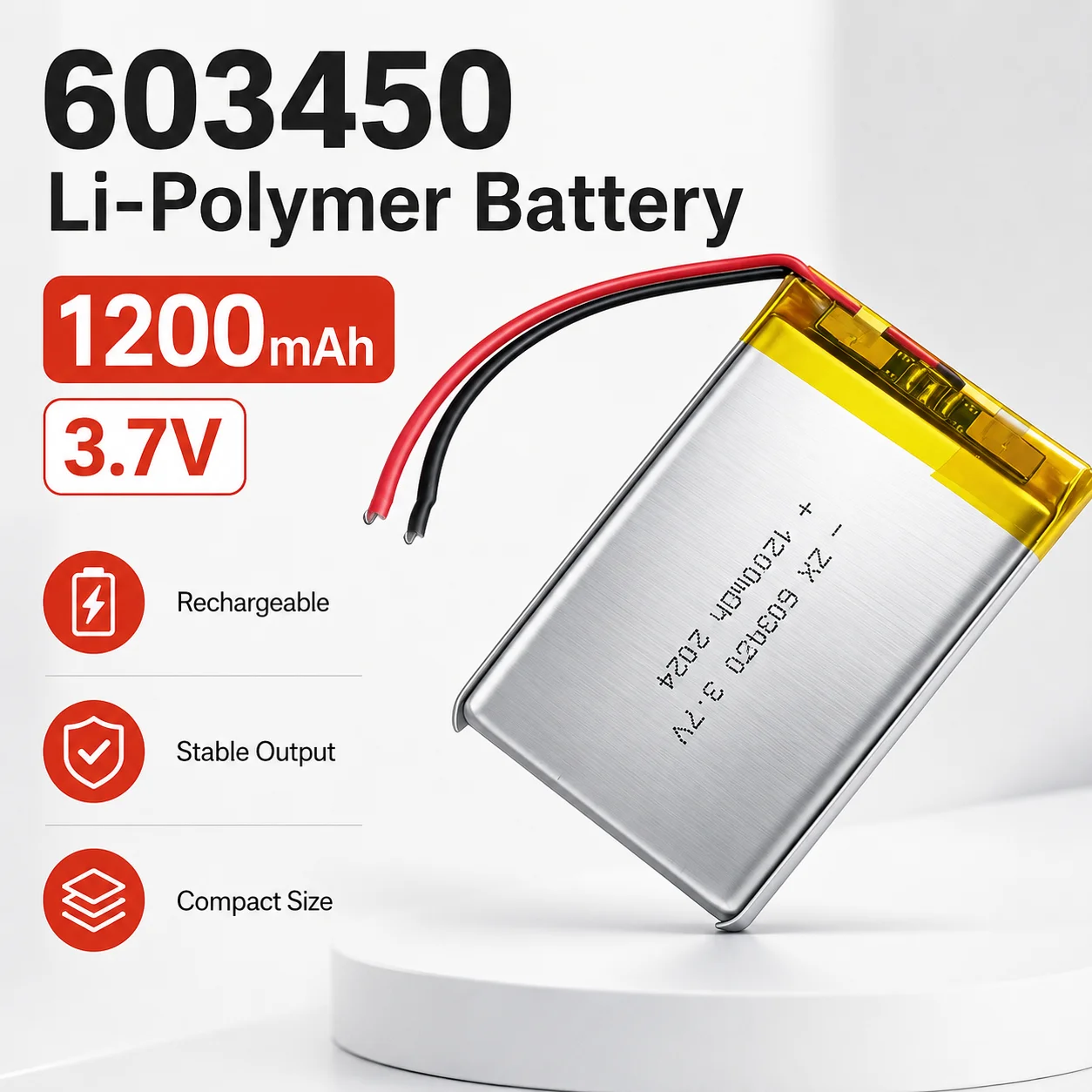 3.7V 1200mAh 603450 LiPo Battery JST PH2.0 2Pin Plug Rechargeable Lithium Polymer for GPS Camera MP3