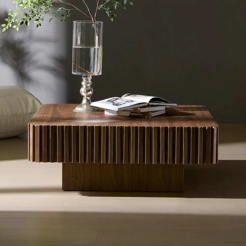 35-inch Mid-Century Modern Drum Coffee Table, Handcrafted Round Walnut Wood Center Table for Living Room and Home Office