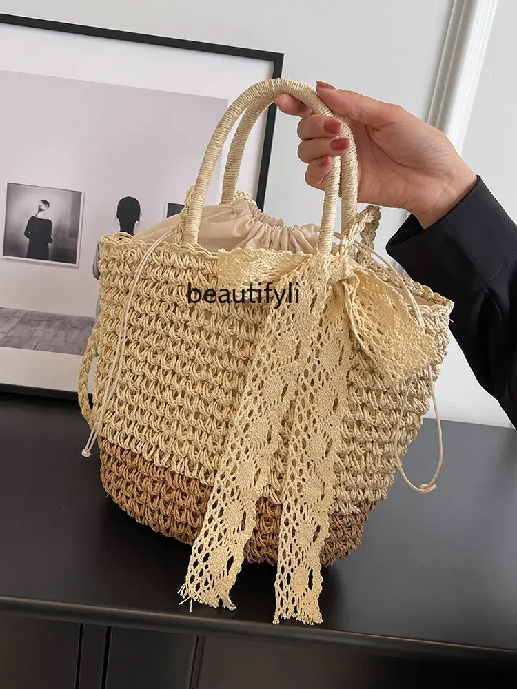 zq Hand-Woven  Women's Hand Carrying Straw Bag Easy Matching Tote Bag Women's Large Capacity Crossbody Bucket Bag