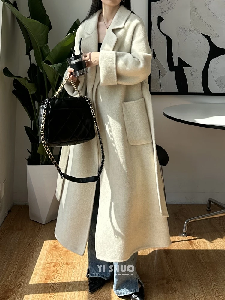 Casual Solid Color Double-sided Wool Alpaca Coat Women Long Temperament Lapel Long Sleeve Warm Woolen Coats Loose Autumn Winter