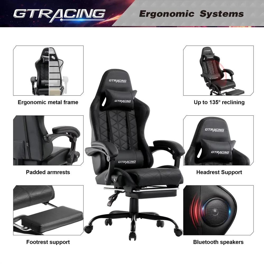 

2023 New GTRACING GTW-100 Gaming Chair with Bluetooth Speakers and Footrest, Black