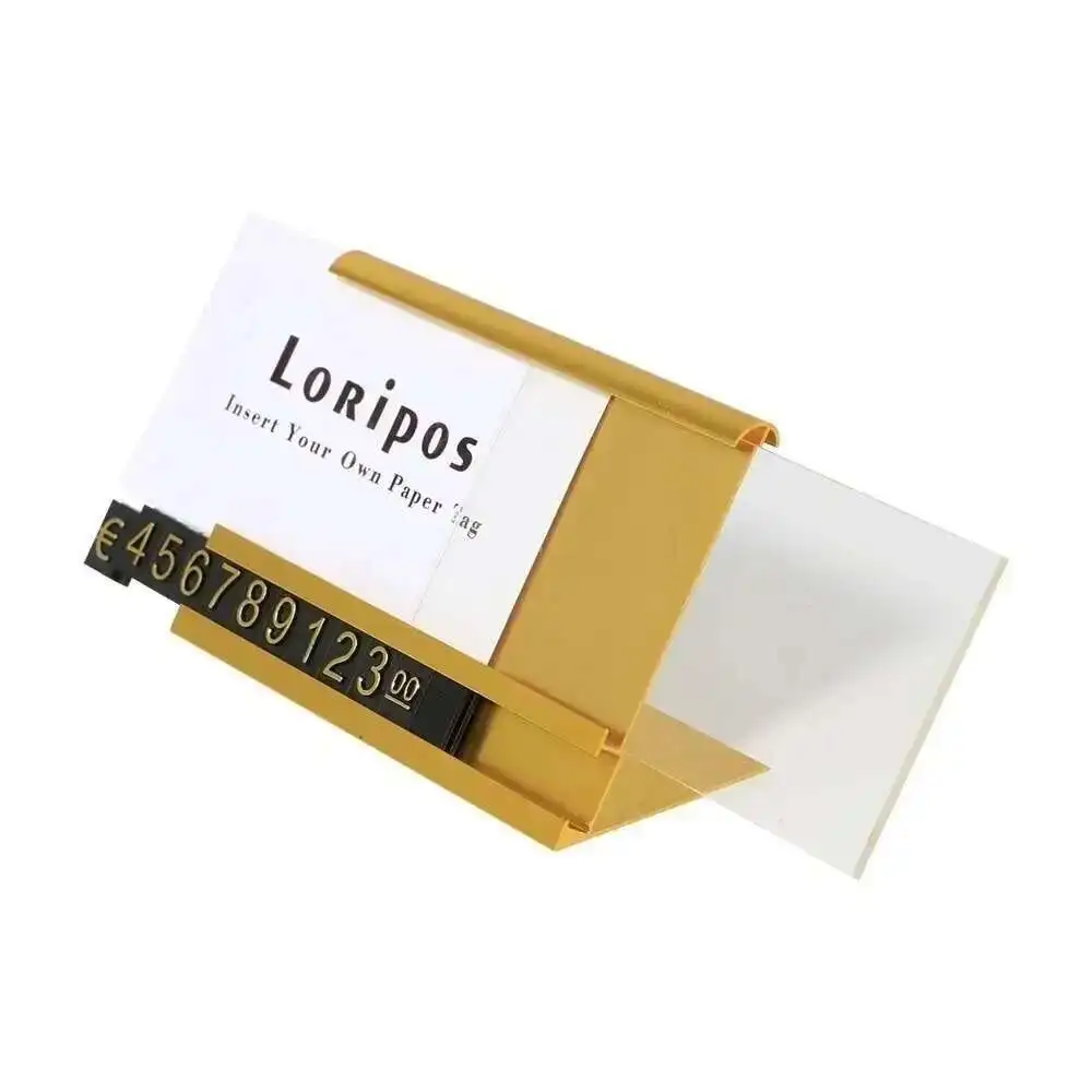Gold Metal Label Holder Stand Desk Sign Frame Price Tag Name Card Display Rack Jewelry Watch Price Number Cubes Shelf Talker