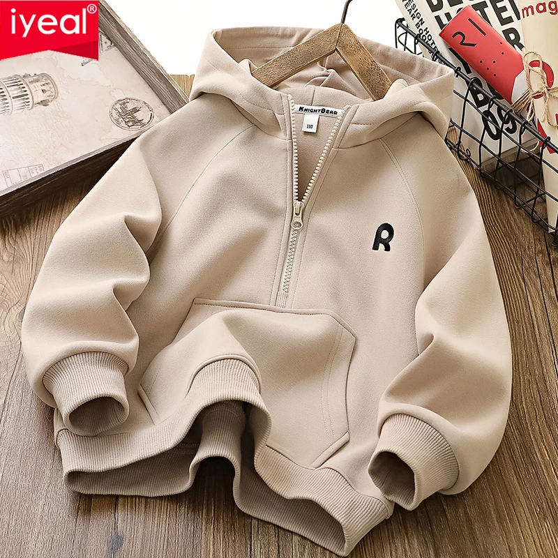 IYEAL 2024 Kids Boys Spring New Half Zipper Hooded Sweatshirt Boys Casual Top Boys Handsome Loose Sweatshirt