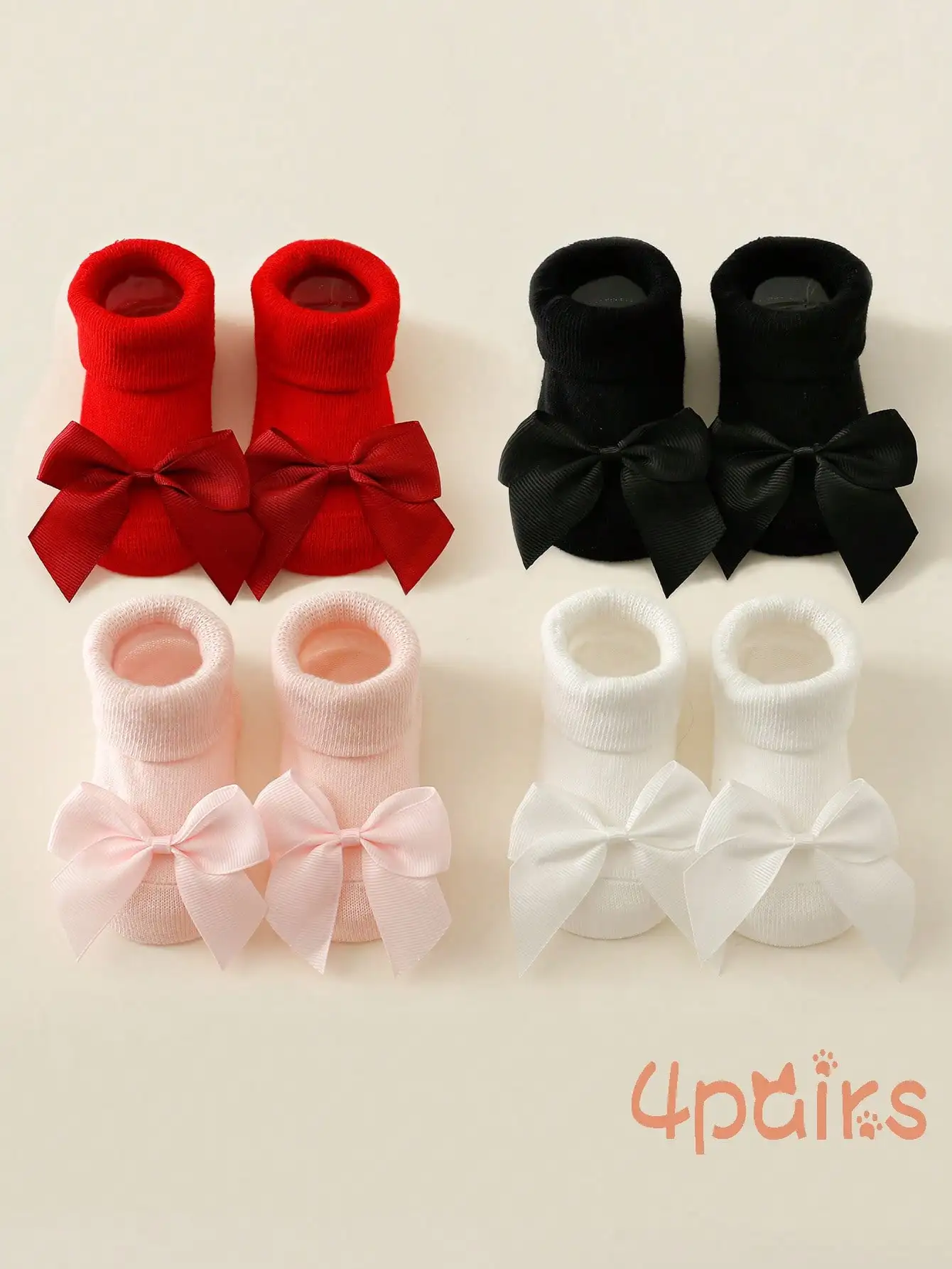 4 Pairs Baby Girl Anti Slip Floor Crew Socks Solid Big Bow Decor Mid Calf Socks Newborn Toddler 0-1Y All Season Casual Socks