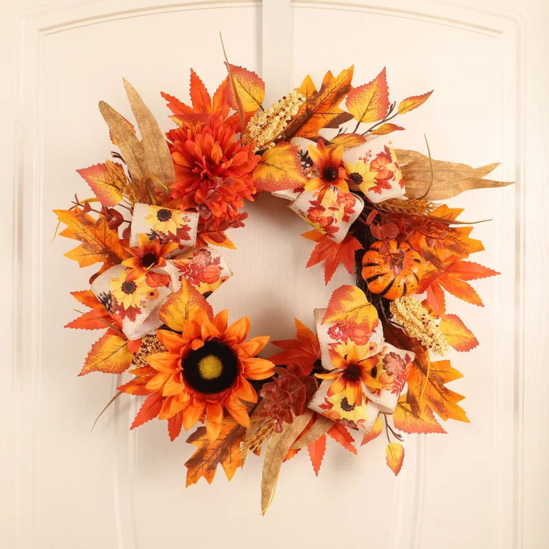Harvest Festival Artificial Pumpkin Maple Leaves Wreath Fall Halloween Garland Wall Decoration Factory Direct Autumn Thanksgivin