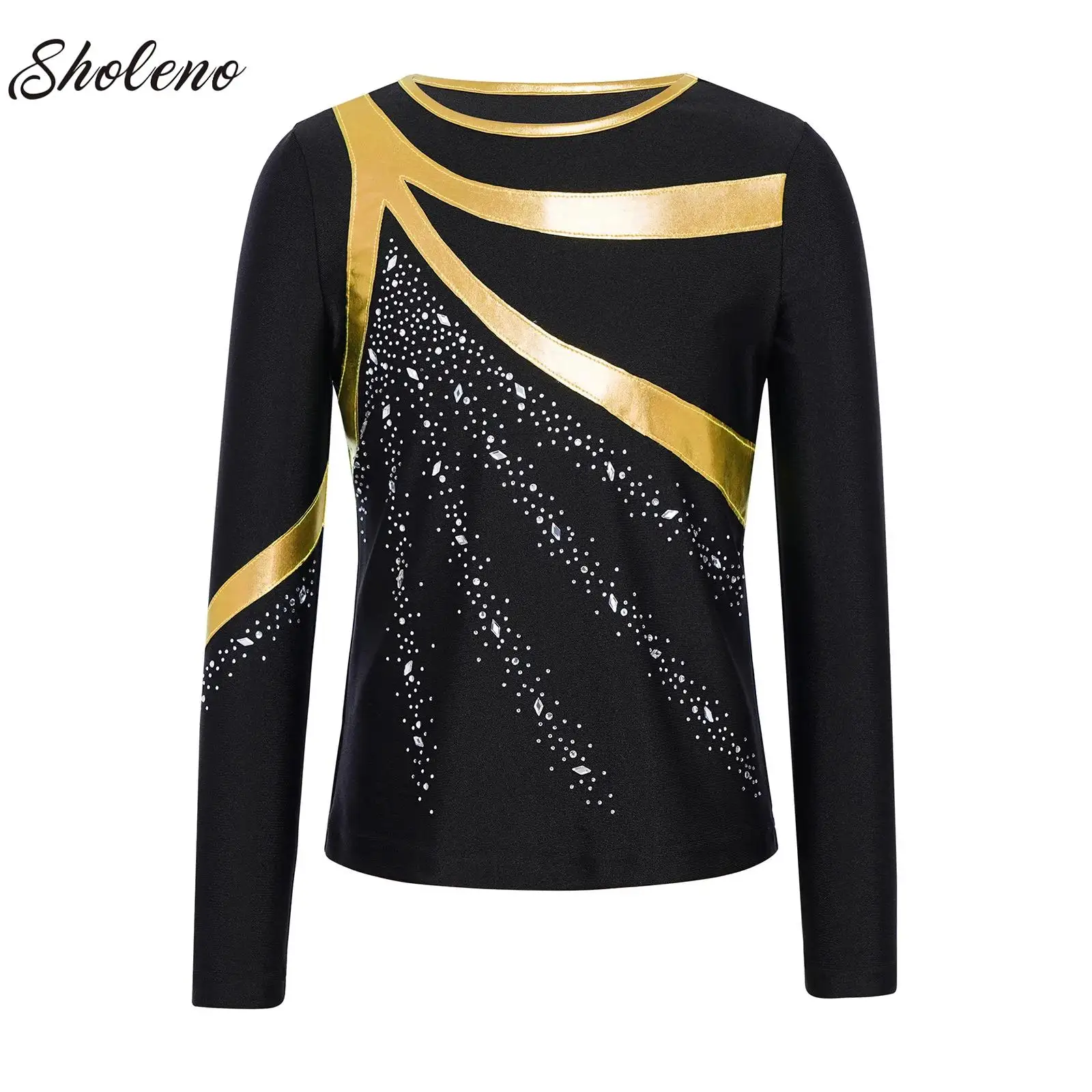 

Kids Boys Roller Skating Figure Ice Skating Competitions Performances Costume Sparkly Rhinestones Long Sleeve Top T-shirts