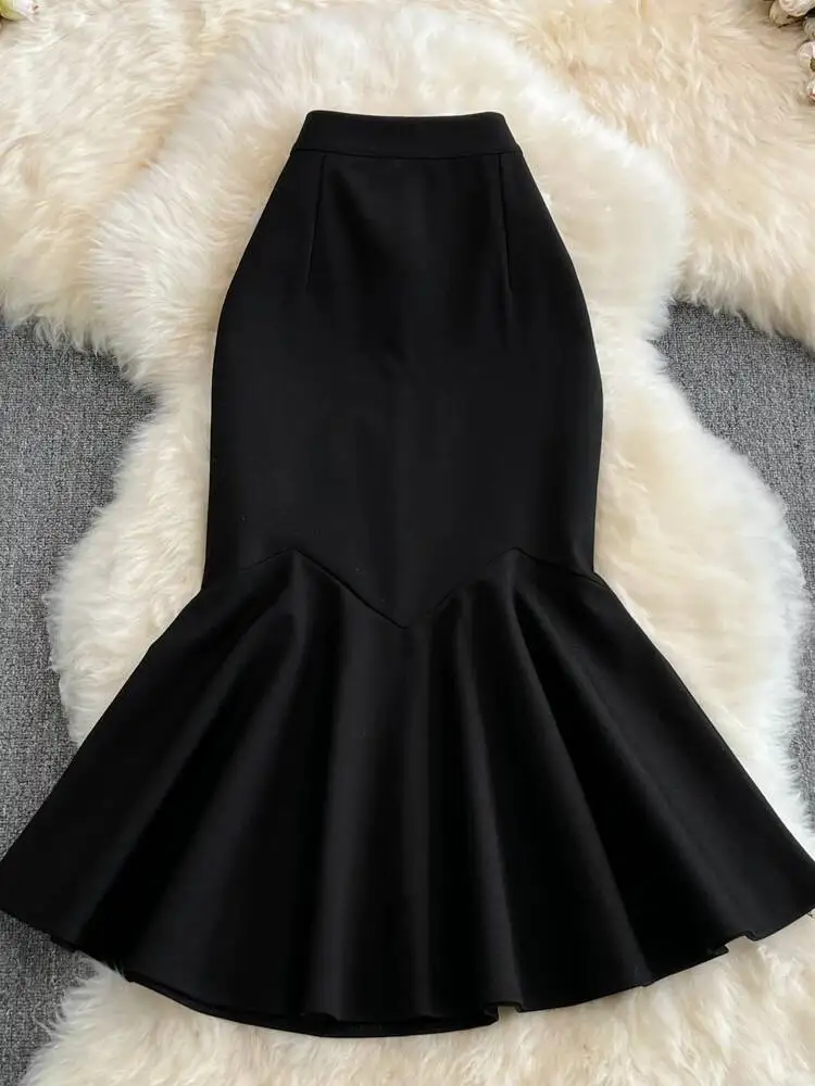Elegant Office Wrap Skirt Women Sexy High Waist Ruffle Skirt Spring Summer Solid Trumpet Skirts