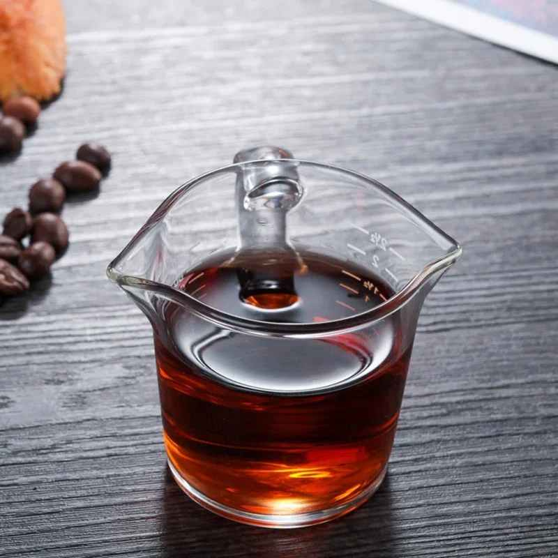 50/75/100ML Espresso Measuring Cup with Wooden Handle Double/Single Spouts Clear Coffee Shot Glass Heat Resistant Retro Milk Jug