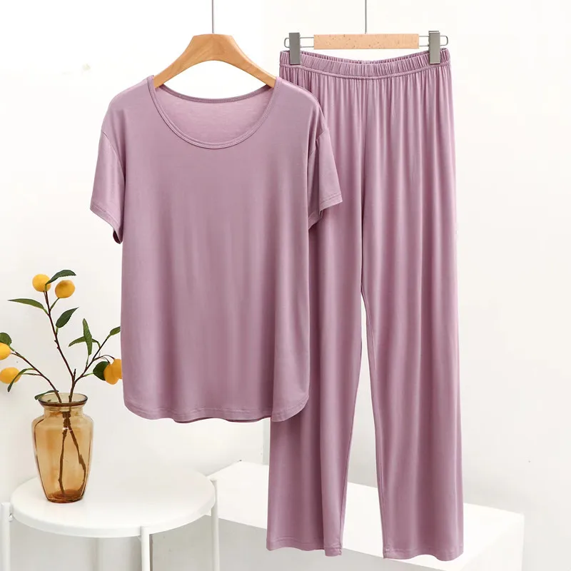 Loose Modal Short Sleeve T-Shirt And Casual Pants Two-Piece Set Sleepwear Large Size Thin Home Clothes Suitable for Middle-Ag...