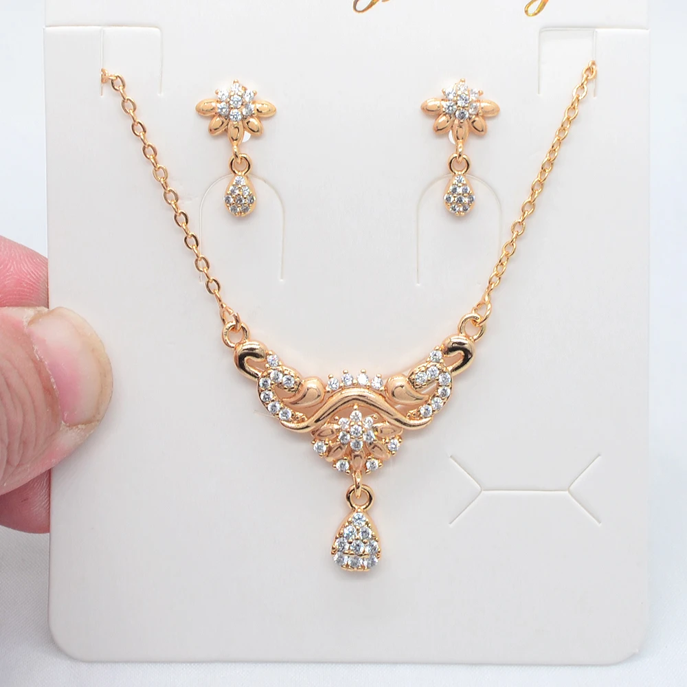 Fashion Gold Color Laser Marking Stud Earrings & Necklace Anniversary Set for Women Model JCS107