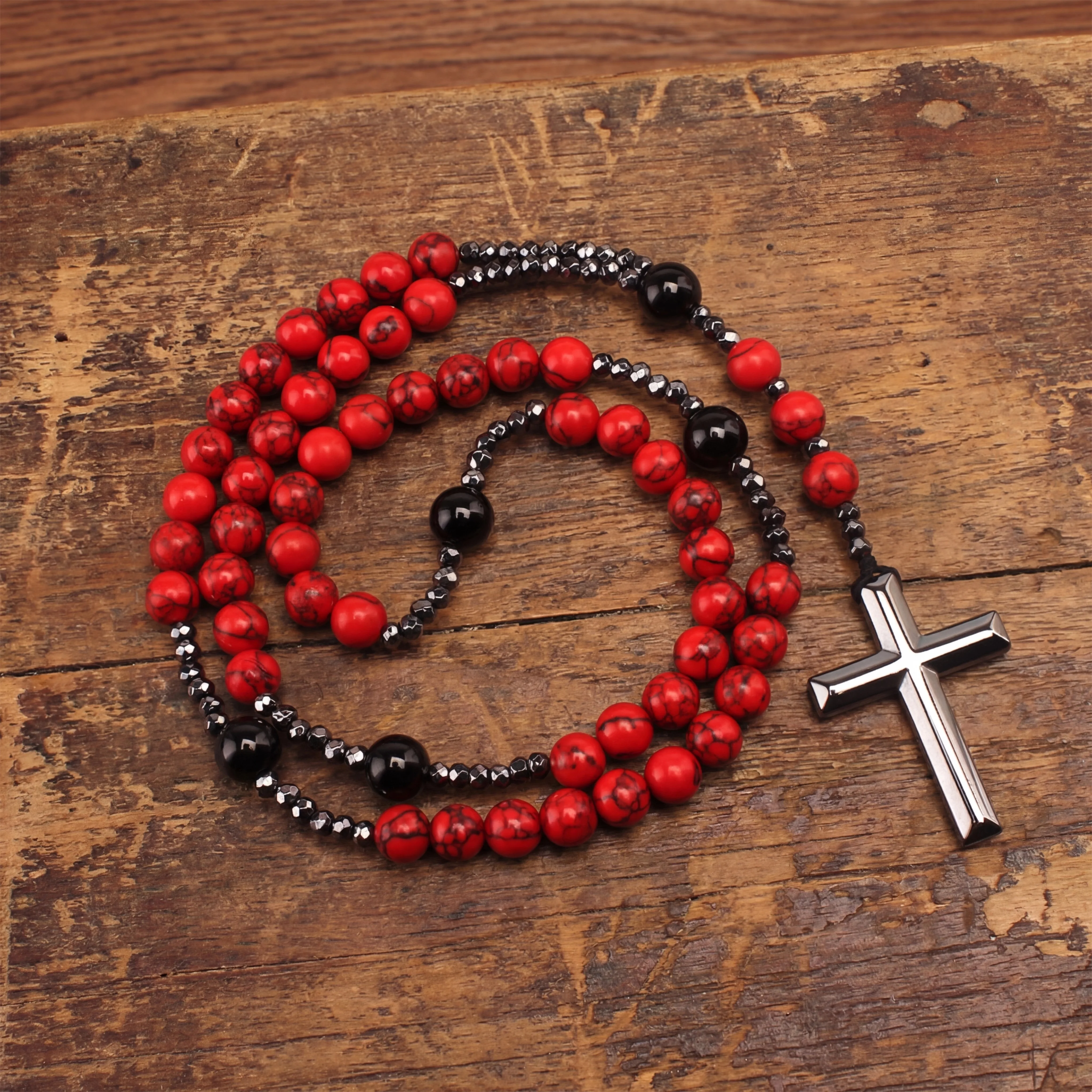 Natural 8mm Red Turquoise Beads with Hematite Cross Pendant Necklace for Men and Women - view 6