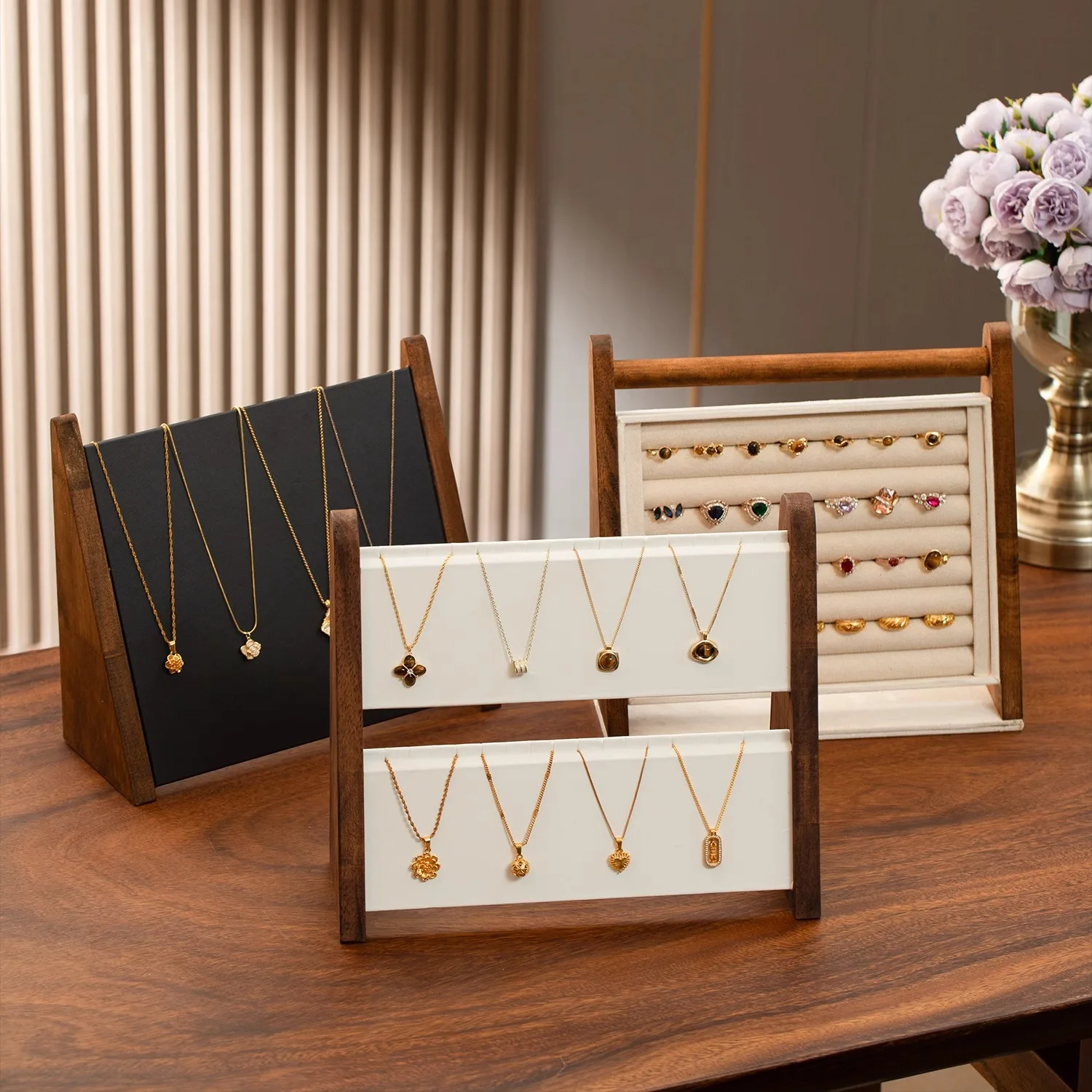 High-End Multi-Layer Jewelry Necklace Display Stand Props Walnut Wood Color Stall Decoration Accessories Showcase Holder