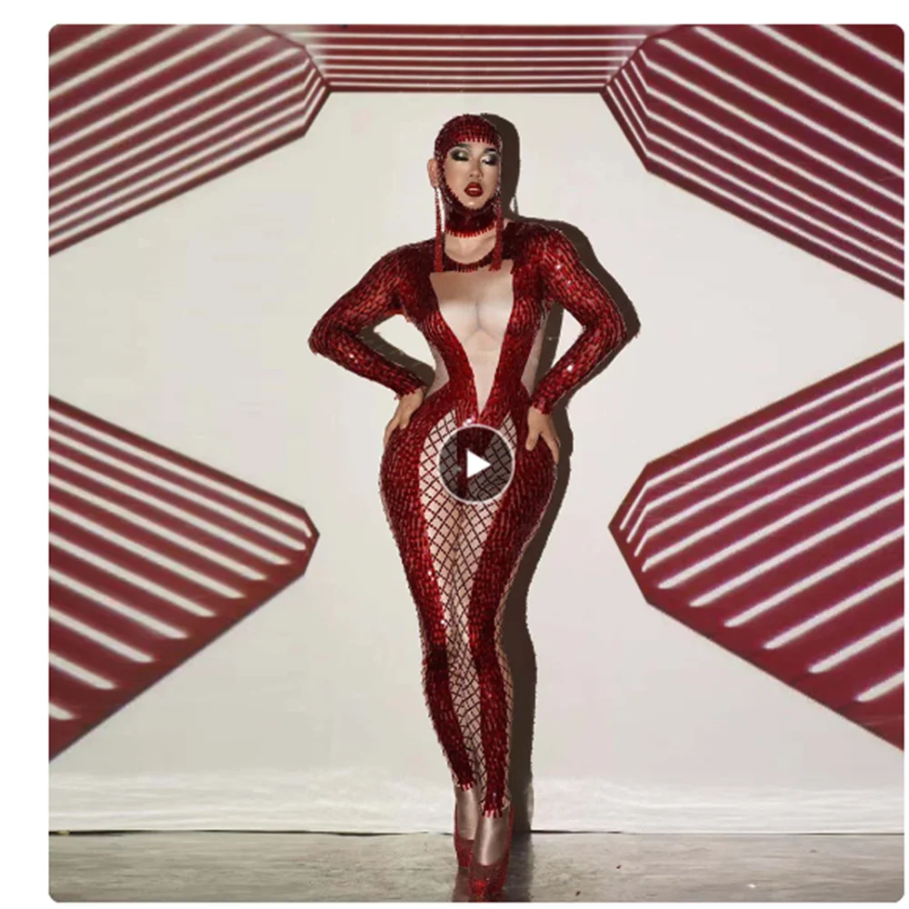 

Sexy Red Party Sequin Rhinestone Jumpsuit Women Skin Color Spandex Stretch Prom Rompers Nightclub Dancer Bodysuit Stage Costumes