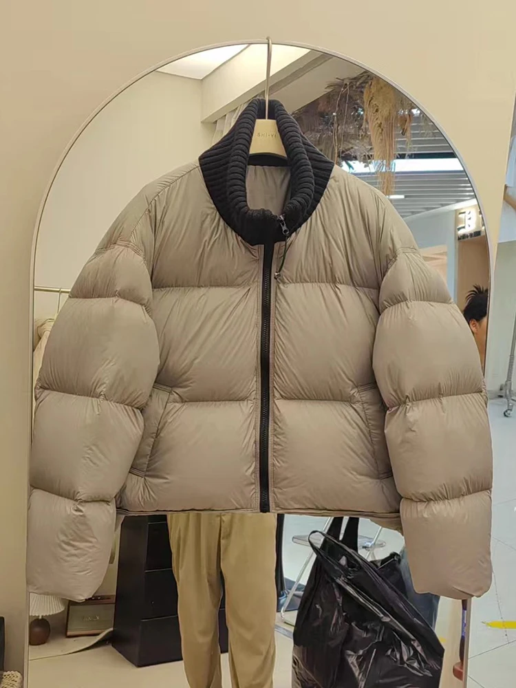

Women's Short Style Knitted Stand Collar Splicing 90 White Duck Down Thick Bread Coat Trendy 2025 Winter New Down Jacket