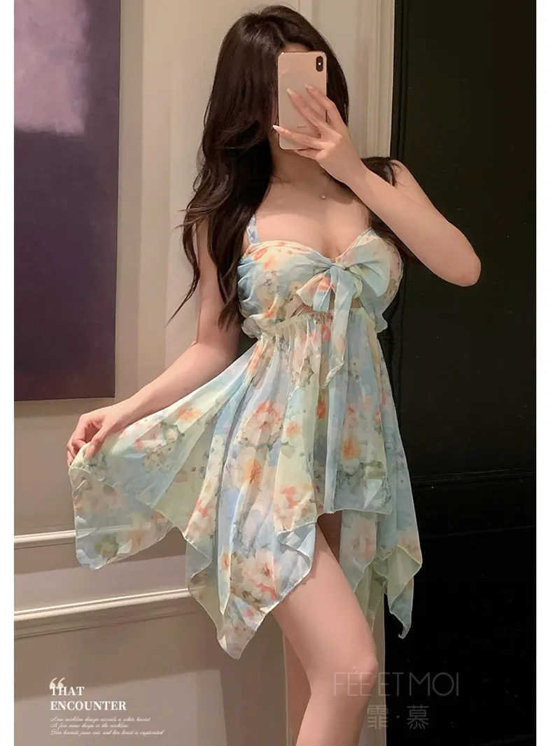 Sweet Green Tank Mini Dress Bow Cute Girl Garden Deep V Neck Floral Dress Elegant Thin Summer Sheer Women Tops Korean  RQE8