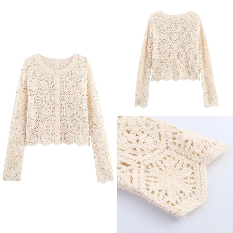 

Summer 2025 Women's Knitted Open Cardigan Hollow out Long Sve round Ne Wave Hemline Polyester Fiber Loose Fit Color