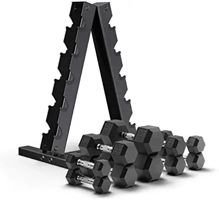 150 Pound Premium Hex Dumbbell Set - PVC Coated 5 Pair Black Dumbbell Set with A-Frame Rack - 5, 10, 15, 20 and 25 lb Dumbbells