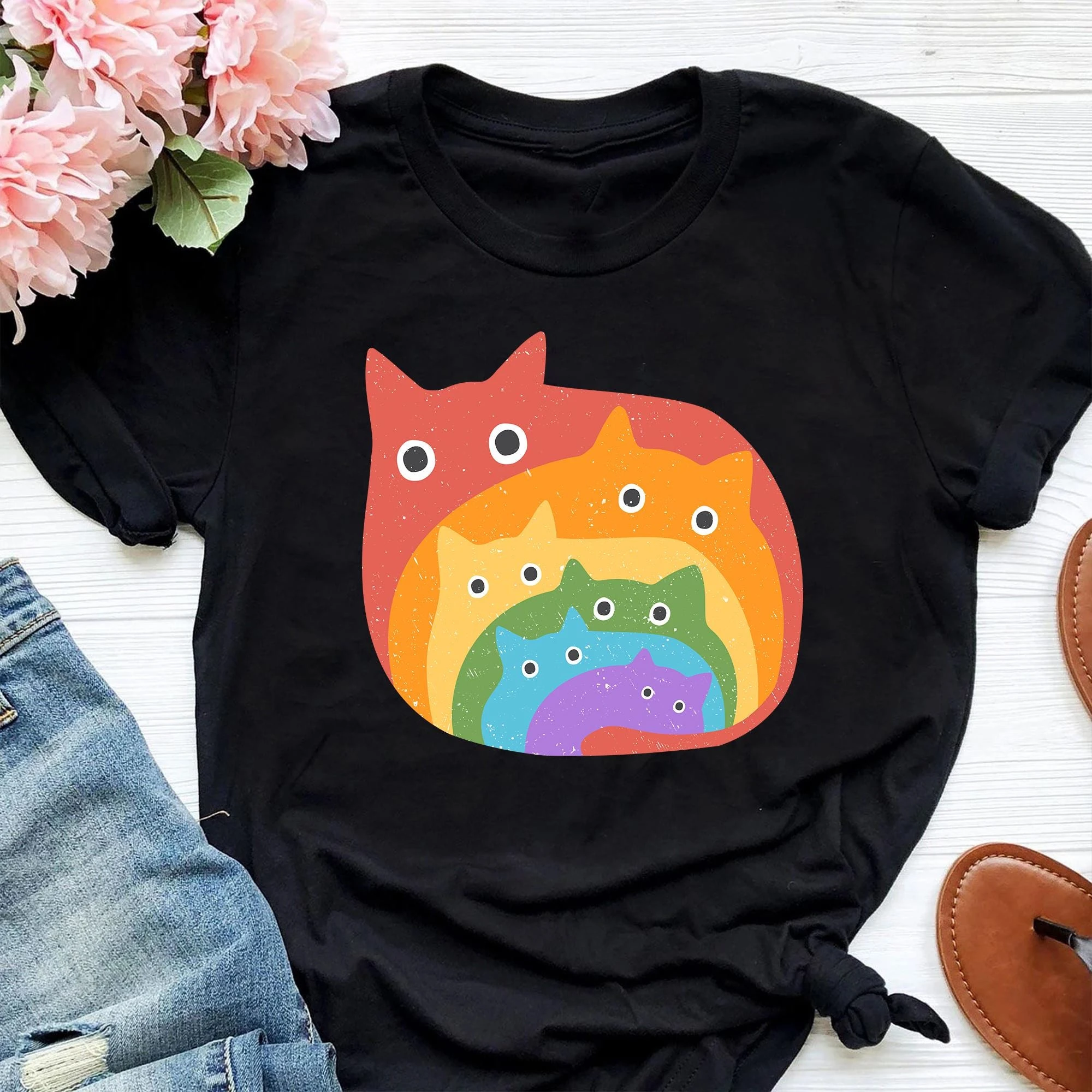 Hot Rainbow Cats Print Neutral Clothing Loose Short Sleeve Harajuku Casual Tops Women Men T-shirt Round Neck Loose Plus Size Tee