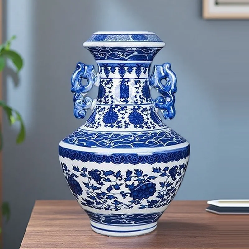 

Фарфоровая ваза из Цзиндэчжэня с сине-белым узором, с двумя ручками, с изображением дракона и феникса, для домашнего декора, высококачественная керамика