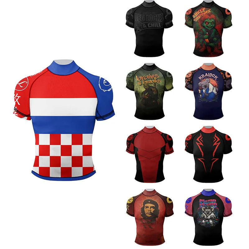 

New MMA Rashguard Short Sleeve Boxing T-shirt Men's Fit BJJ Training Compression Jiu Jitsu Rash Guard Anti-Bacterial Sport Tees