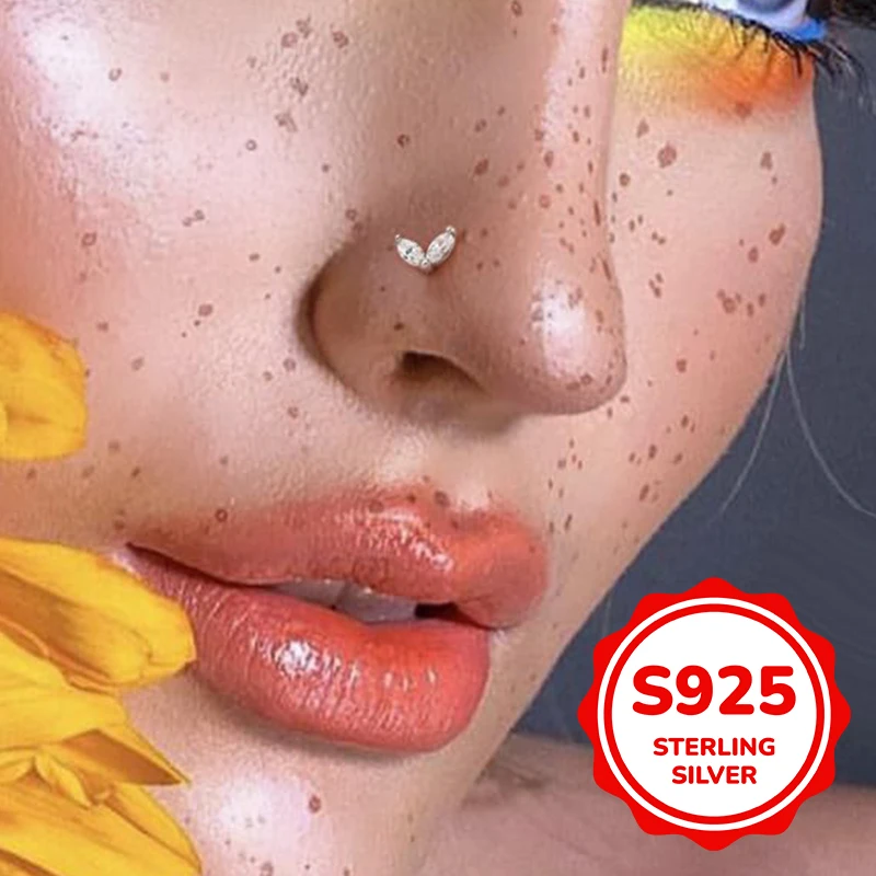 

S925 sterling silver horse eye leaf piercing jewelry L rod nose nail simple classic fashion light luxury retro trend daily life