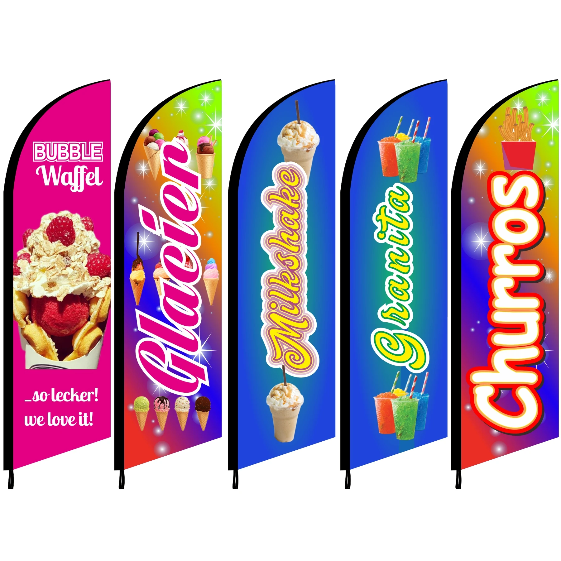 Feather Flag Beach Swoop Blade Knife Banner, Milk Shake, Ice Cream, Chamoyadas Granita Glace Churros Bubble Waffel, Custom Print