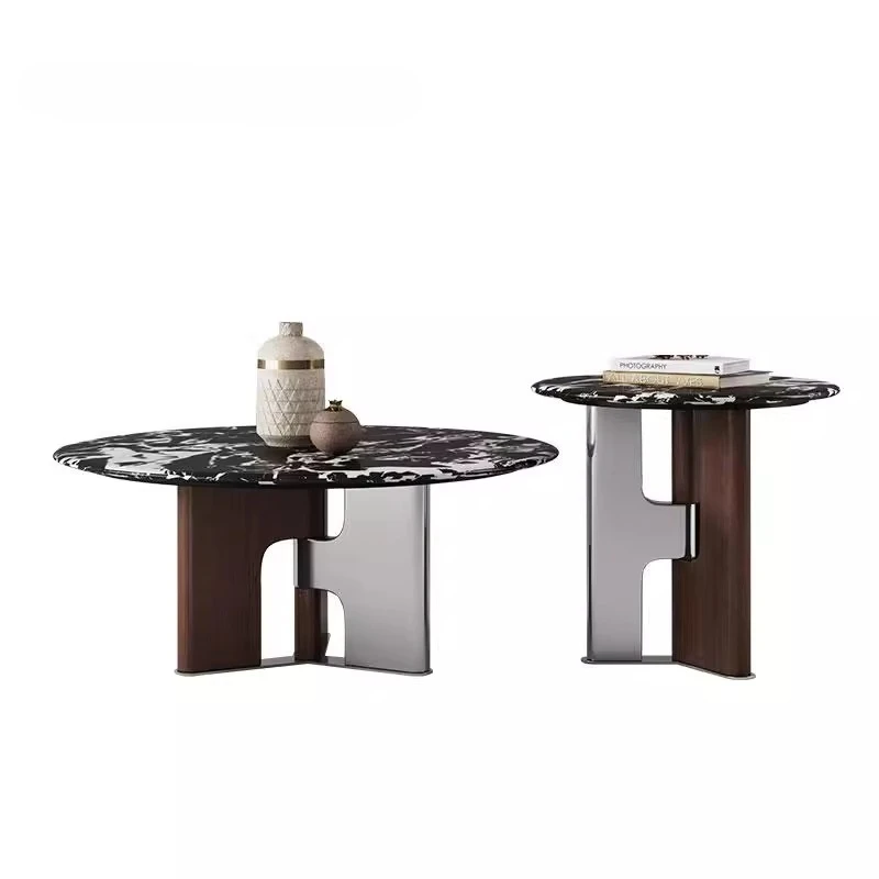 

Italian black natural marble round combination minimalist wabi wind living room household small apartment coffee table