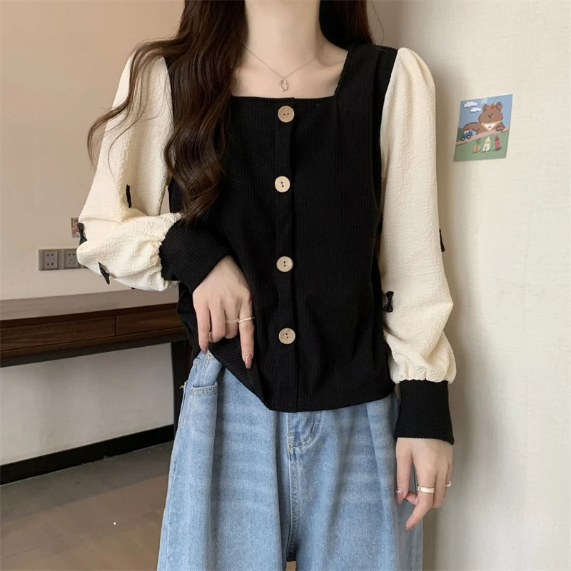 Women Trendy Kawaii Bow Chic Button Patchwork T Shirt Spring Autumn Female Casual Square Collar Long Sleeve Tops Ropa De Mujer