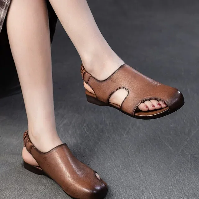 Spain Glas Genuine Leather Hollow out Comfortable Flat Bottom Sandals Vintage Cowhide Low Cut Casual Summer Flats