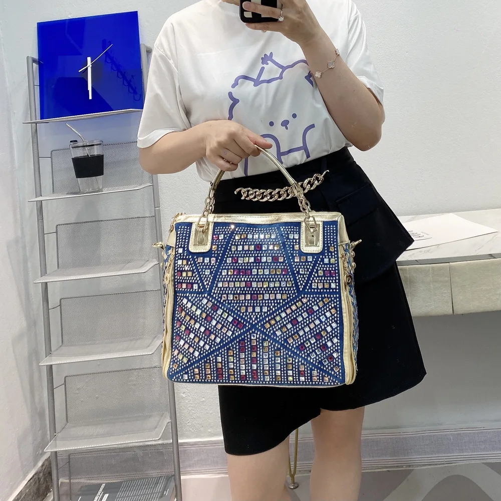 Bag women 2024 new women\'s bag denim colored diamond shoulder messenger bag casual luxury design tote bag